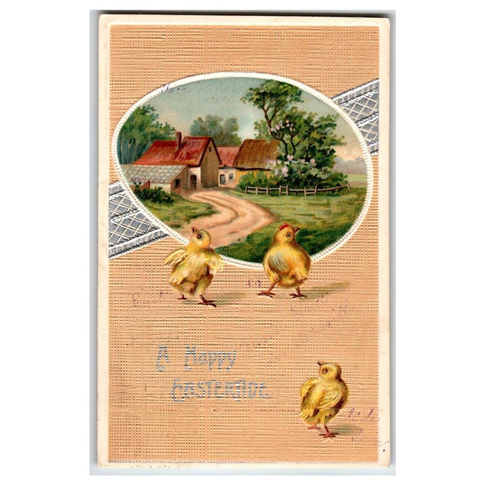 Antique 1909 Embossed Easter Postcard Chicks Farm Scene Grass Valley CA Postmark
